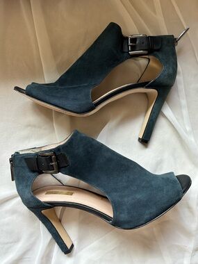 Louise Et Cie Teal Leather Suede Peep Toe Ankle Buckle Cutout Going Out Heels 10